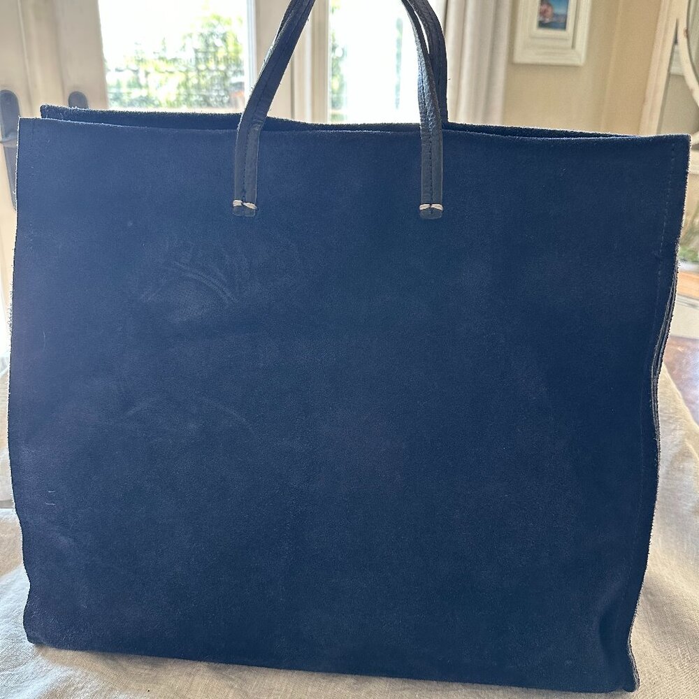 Clare V. Simple Tote in Navy Suede and Black Leather Strap Handles